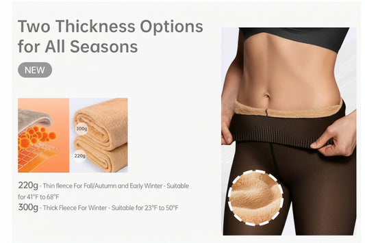 Tights with two thickness options for different seasons, shown on a person's waist.