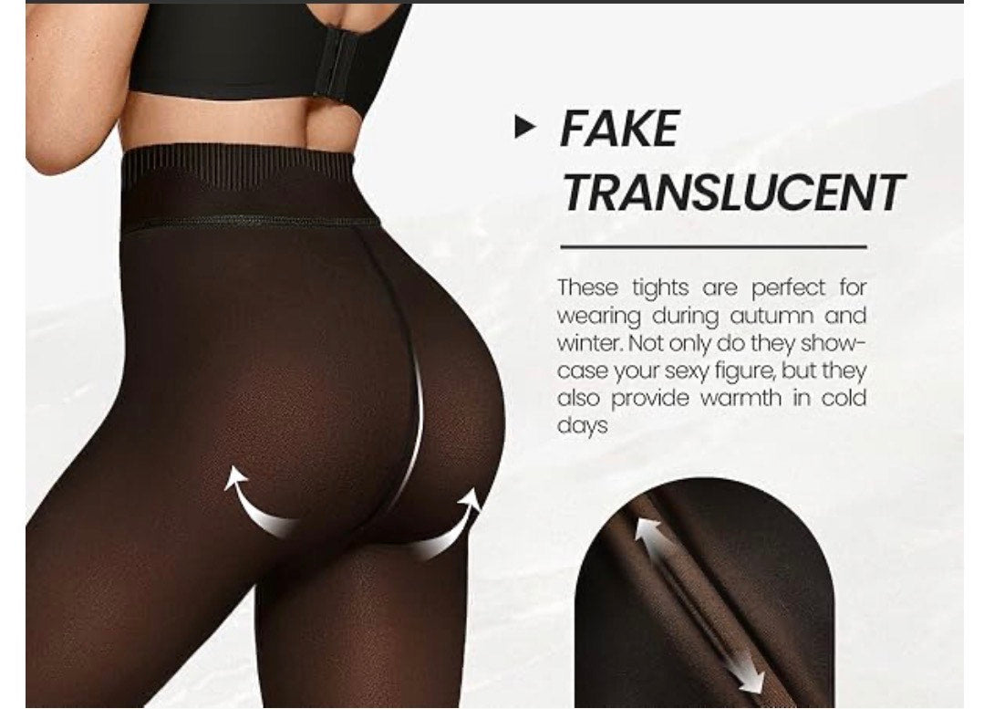 Black sheer tights with text on a white background