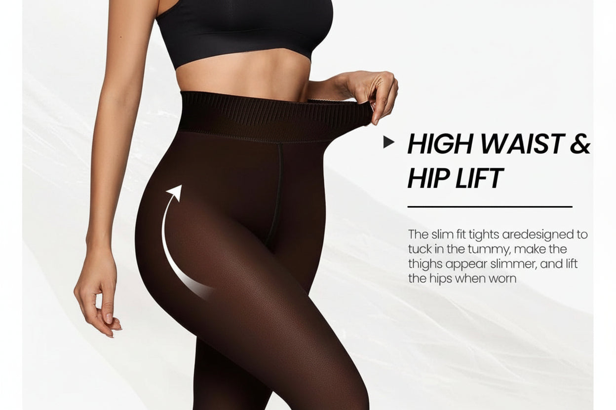 Black high-waist tights being worn with text highlighting features on a white background
