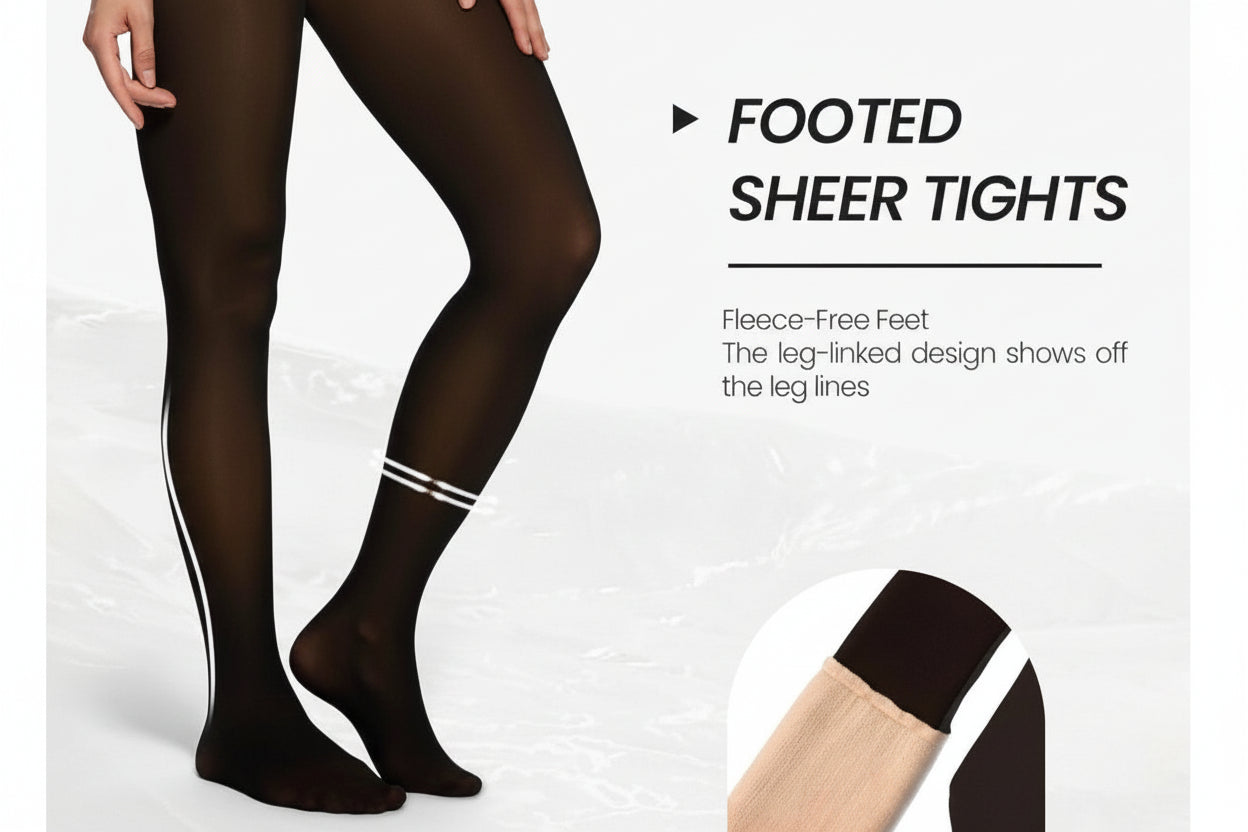 Black footed sheer tights with text on a white background
