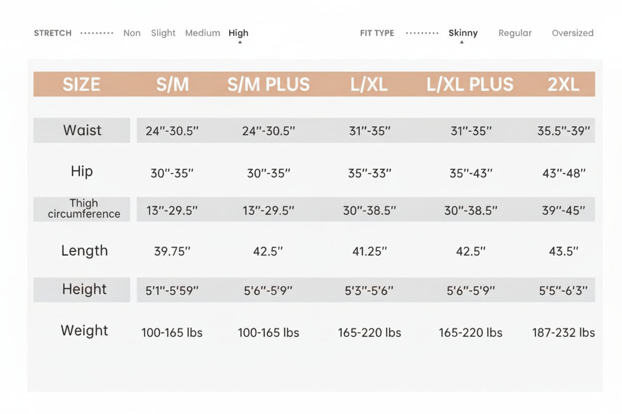 Size chart for clothing with measurements in inches and pounds.