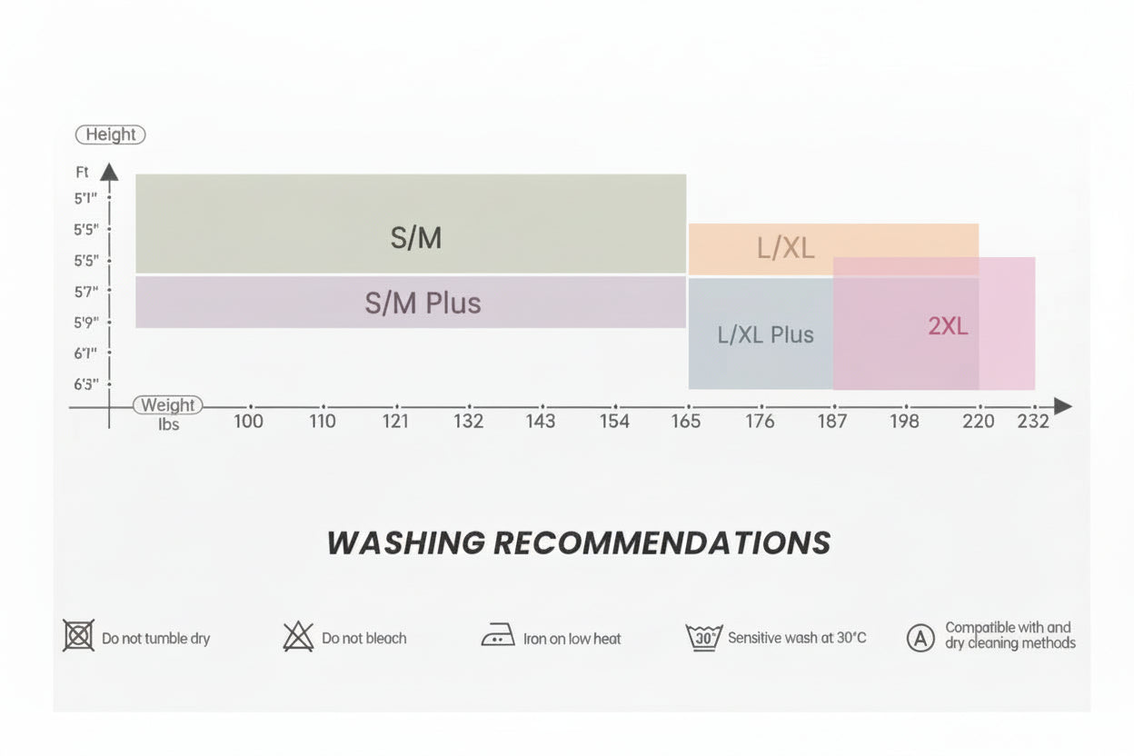 Size chart and washing recommendations for clothing on a white background