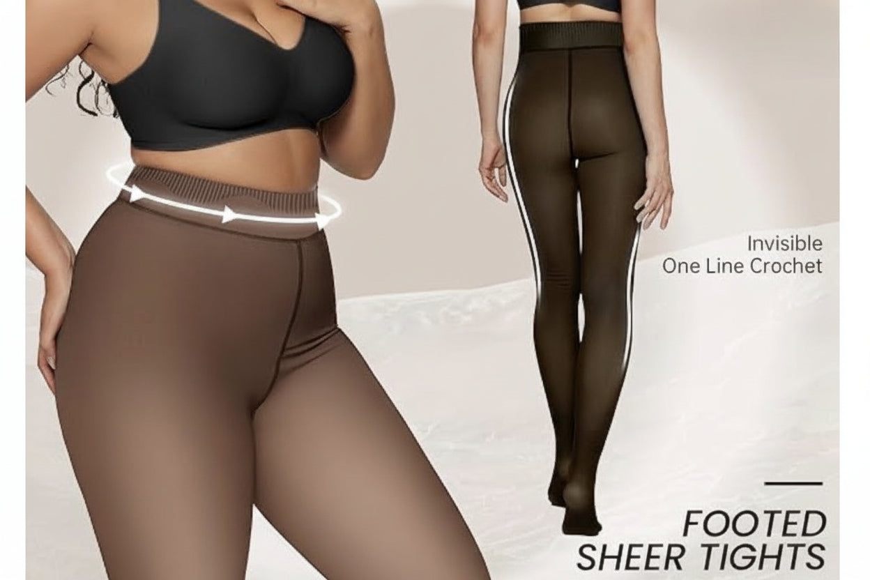 Sheer brown footed tights with a visible line on a plain background