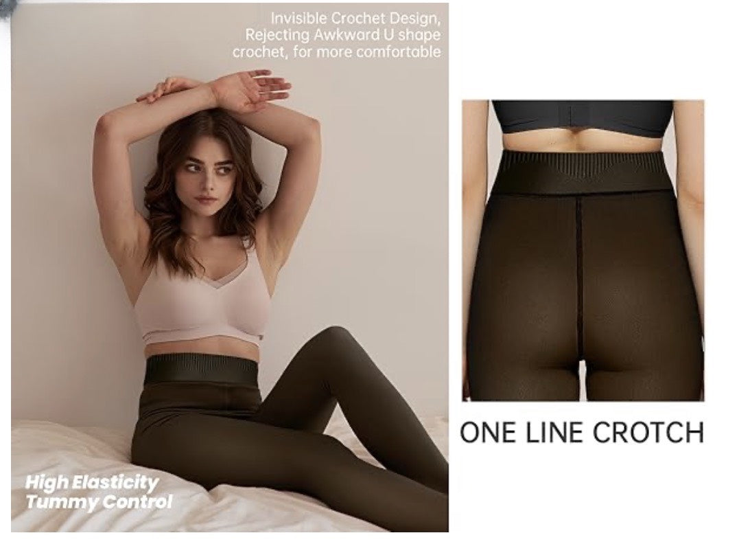 Woman wearing tights with text highlighting features like invisible crochet design and high elasticity.