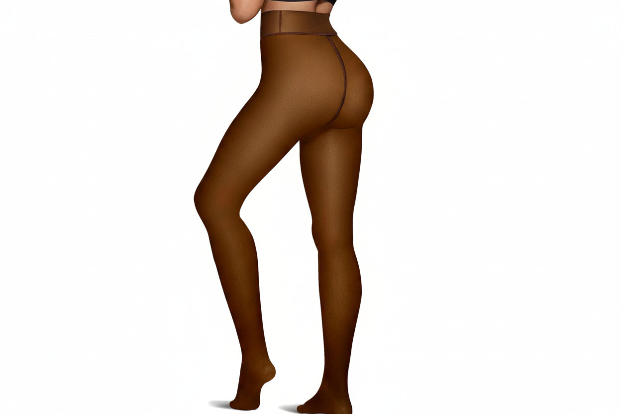 Brown tights worn by a person on a white background