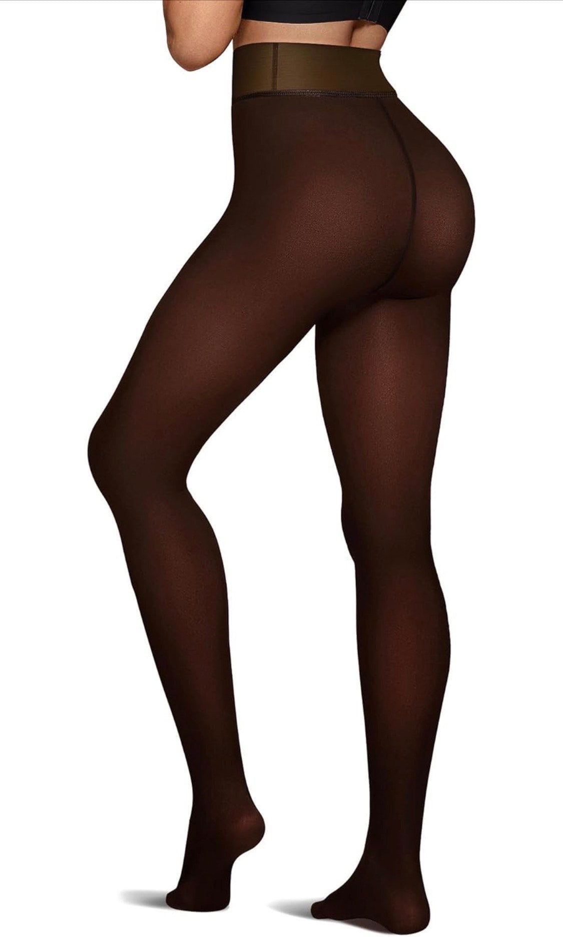 Dark brown tights worn by a model on a white background