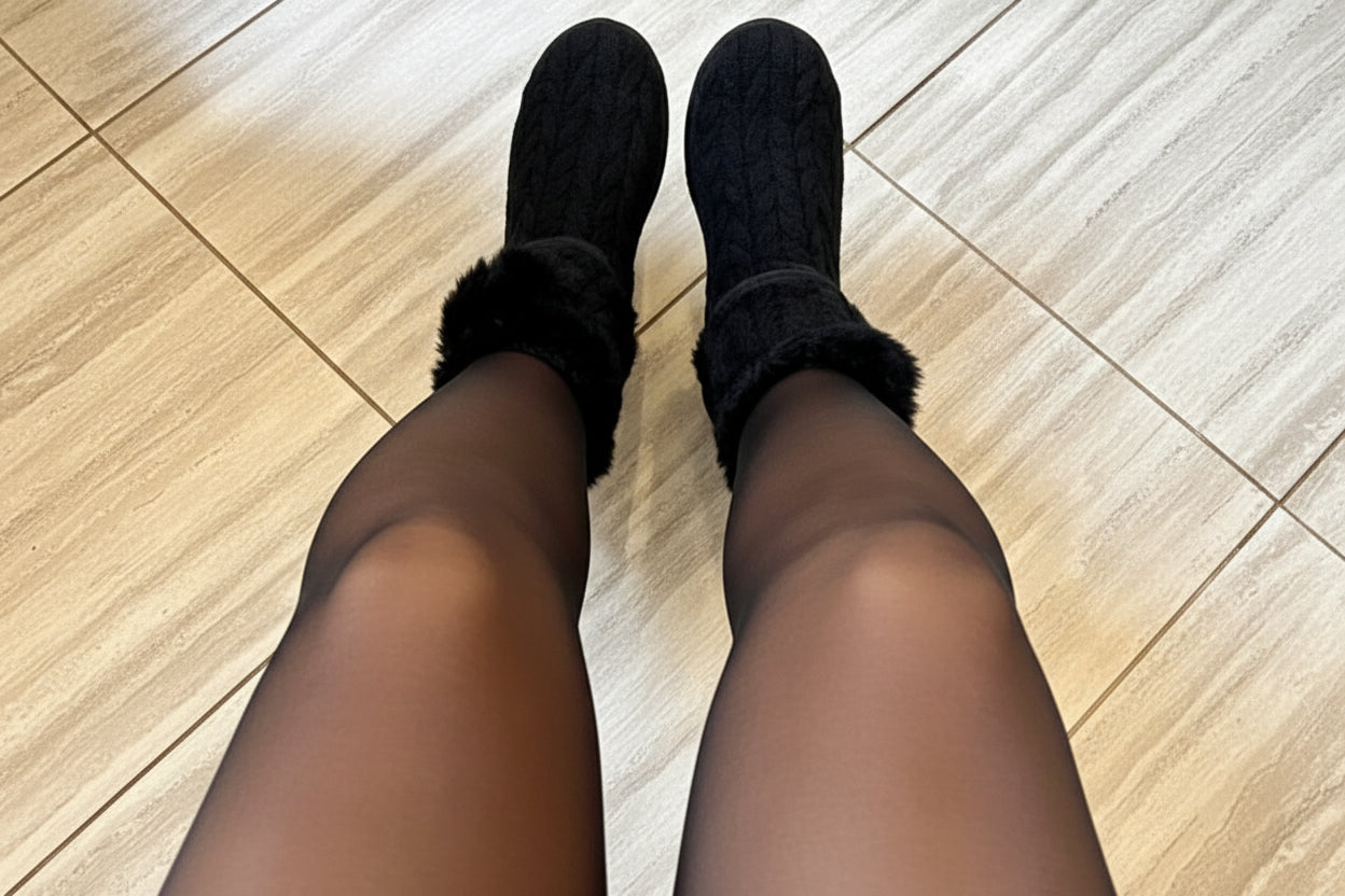 Person wearing black ankle boots with a plain background